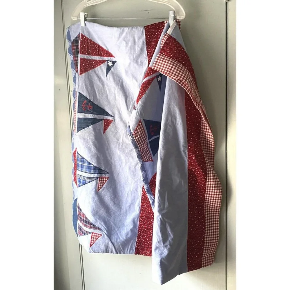 Window Valance Pair Sailboat Applique Gingham Red Blue 20